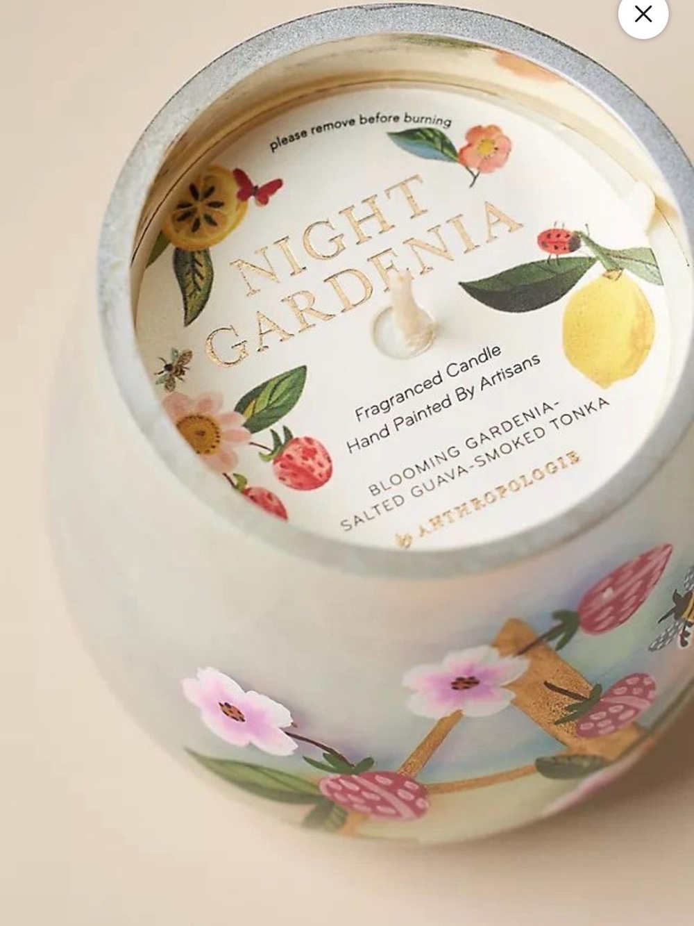 Anthropologie Night Gardenia Floral Ceramic Candle - Cream, Pink, Green